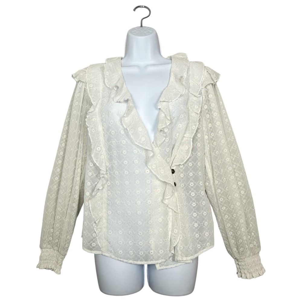 Maeve Anthropologie Laila Ivory Ruffle Blouse Sheer Eyelet Romantic Size US 8